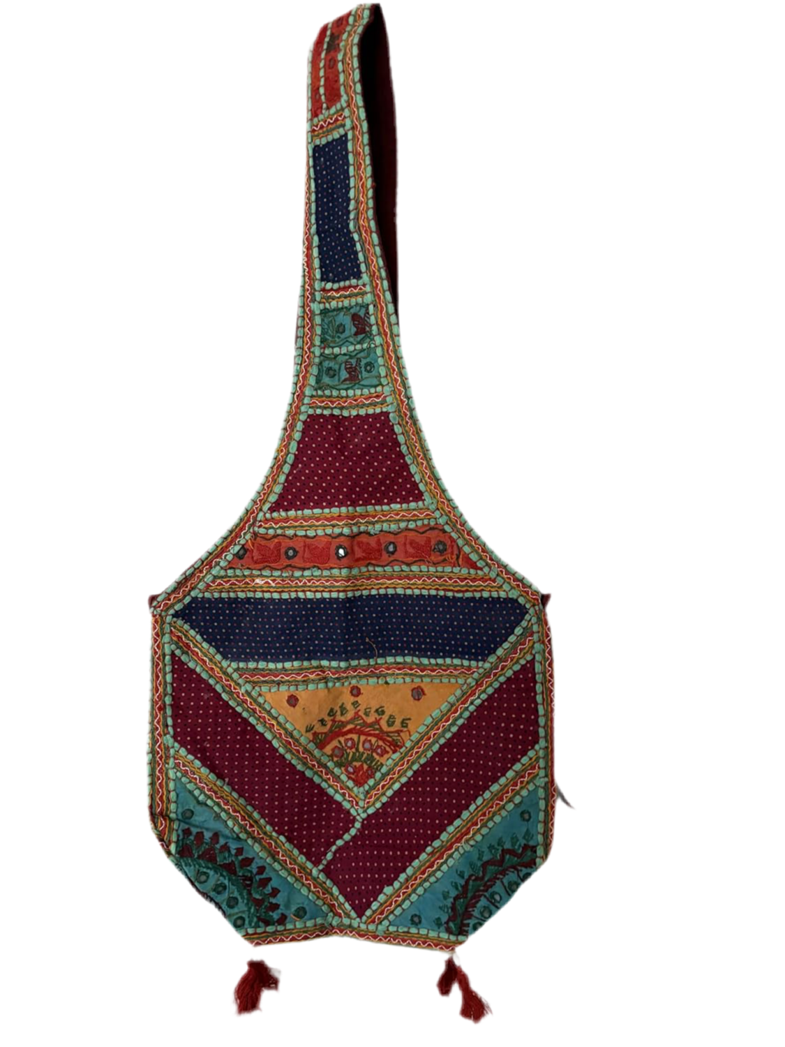 Boho style Cotton Crossbody Sling Bag, Geometric Patchwork Design, Red and Turquoise with Tassels