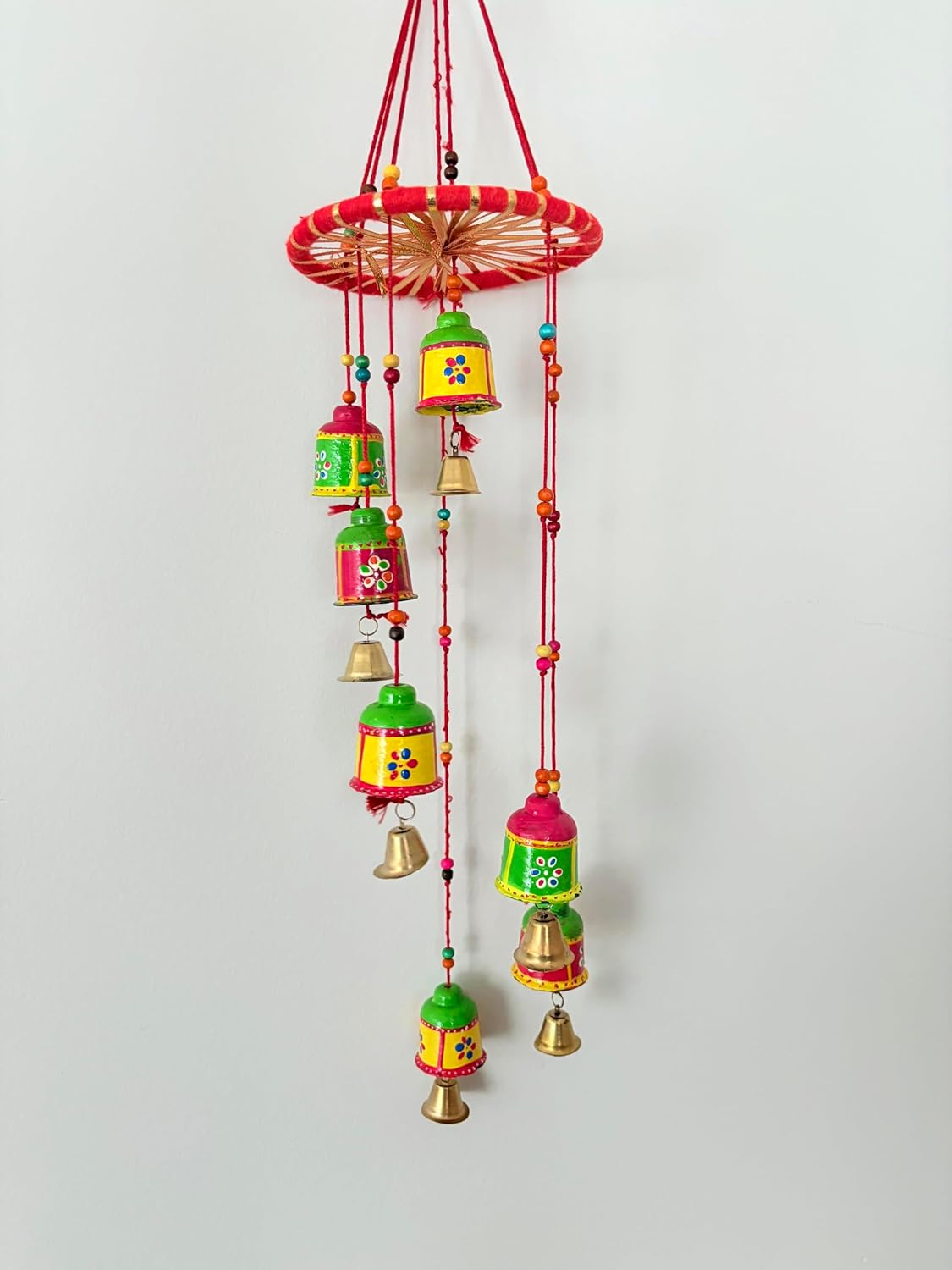 Decorative Bell Wind Chime, Traditional Hanging Mobile with 7 Bells, Red and Gold, Indoor Outdoor