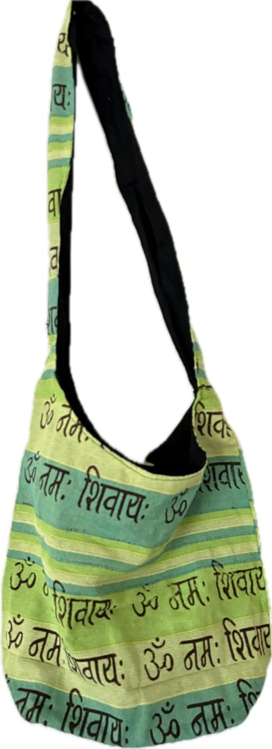 Boho Sling Bag, Natural Cotton Lightweight Hippie Crossbody Bag with Om Namah Shivay Prints for Daily Use.