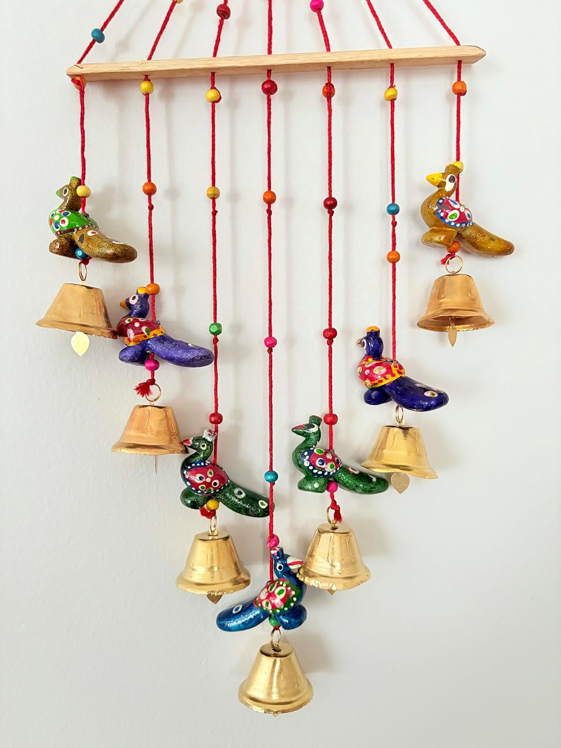 Decorative Bell Wind Chime, Handcrafted Metal Hanging Mobile with 7 Bells and Peacock, Blue, Yellow, Teal, Purple, Voilet and Gold, Indoor Outdoor