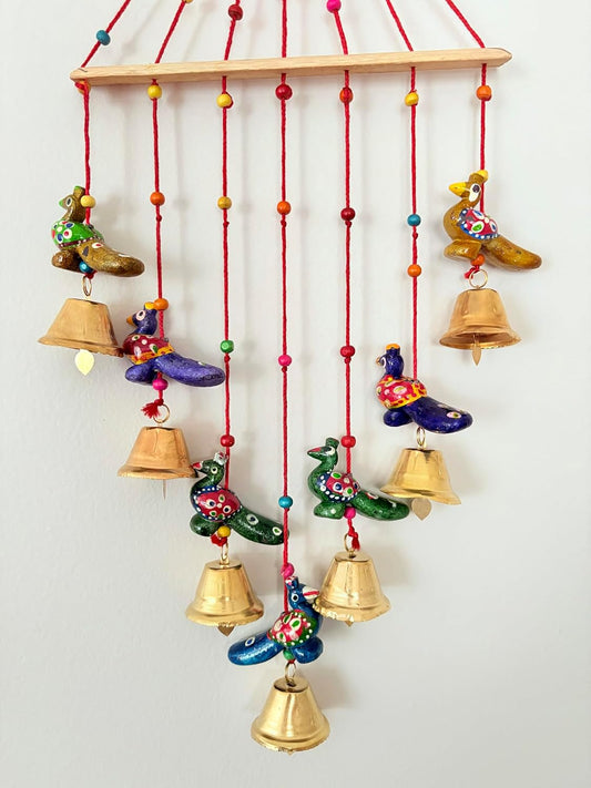 Decorative Bell Wind Chime, Handcrafted Metal Hanging Mobile with 7 Bells and Peacock, Blue, Yellow, Teal, Purple, Voilet and Gold, Indoor Outdoor