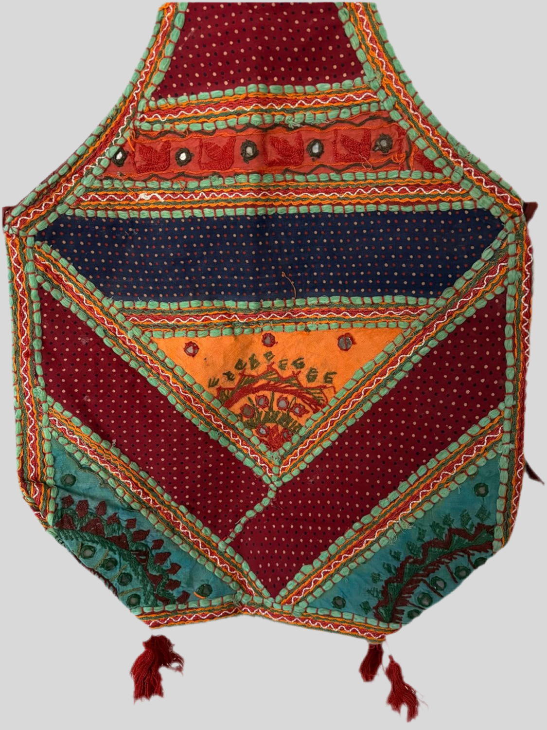 Boho style Cotton Crossbody Sling Bag, Geometric Patchwork Design, Red and Turquoise with Tassels