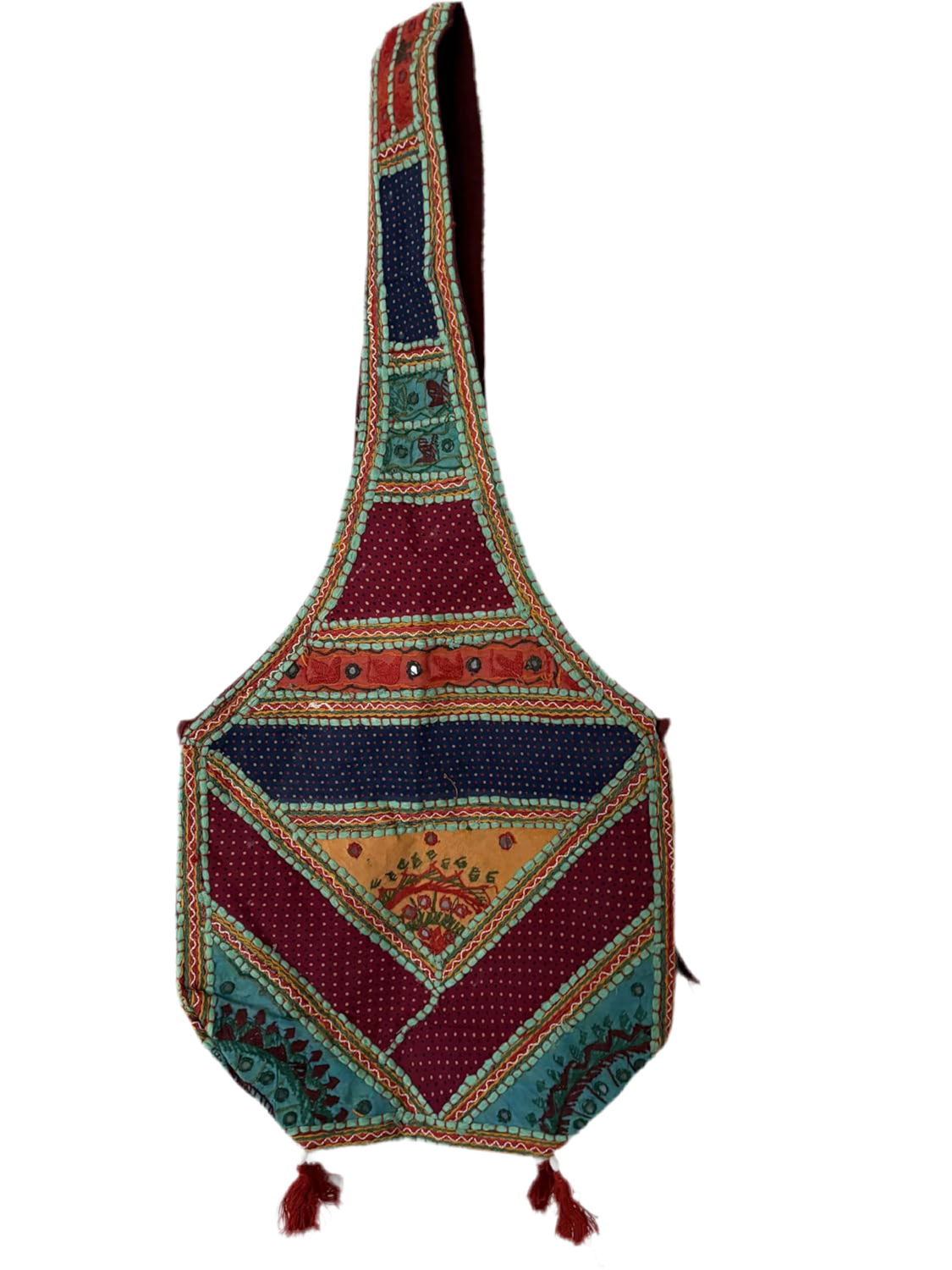 Boho style Cotton Crossbody Sling Bag, Geometric Patchwork Design, Red and Turquoise with Tassels