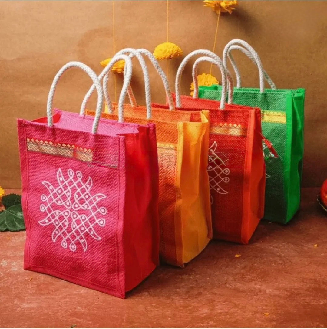 Kolam Print Jute Handle Bag Thamboolam Grocery