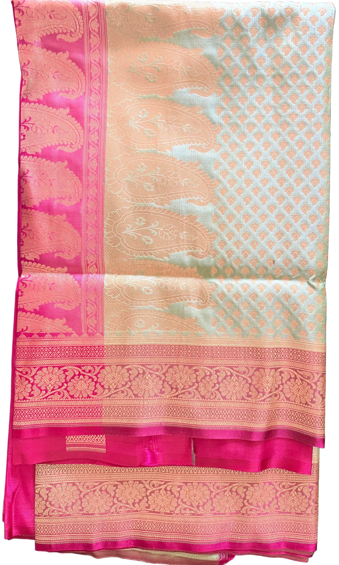 Traditional saree with pink and gold patterns on a plain background