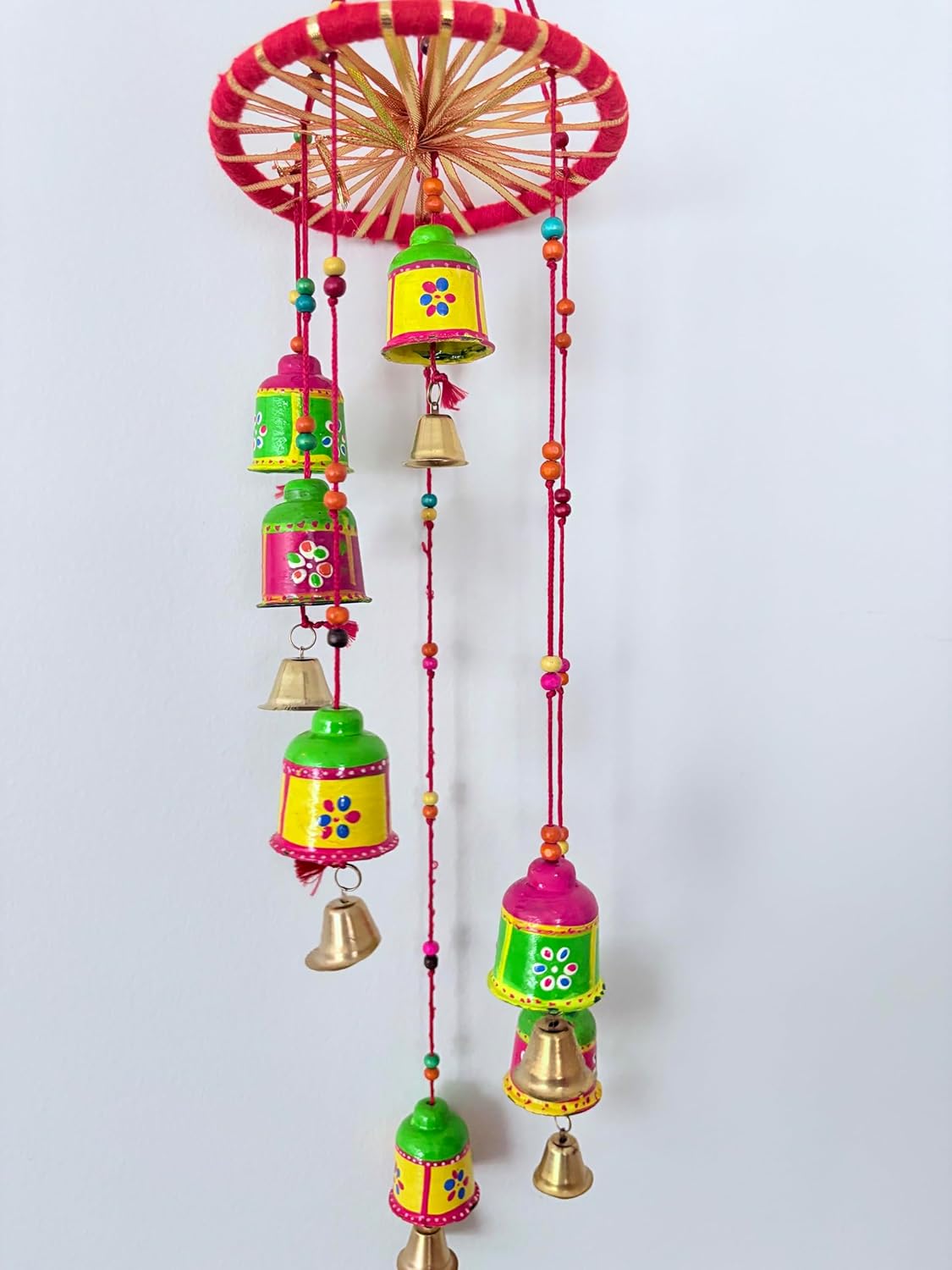 Decorative Bell Wind Chime, Traditional Hanging Mobile with 7 Bells, Red and Gold, Indoor Outdoor
