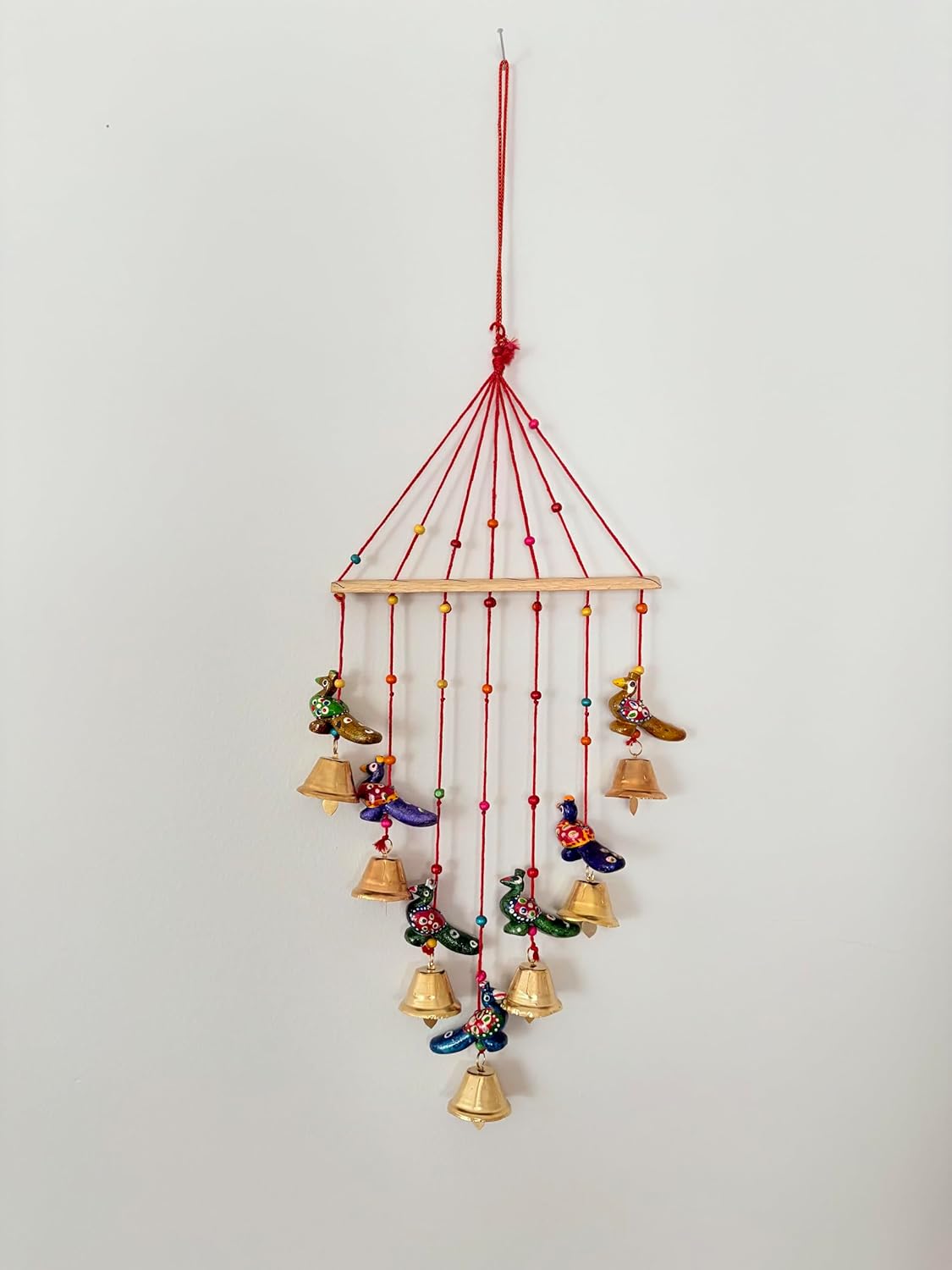 Decorative Bell Wind Chime, Handcrafted Metal Hanging Mobile with 7 Bells and Peacock, Blue, Yellow, Teal, Purple, Voilet and Gold, Indoor Outdoor
