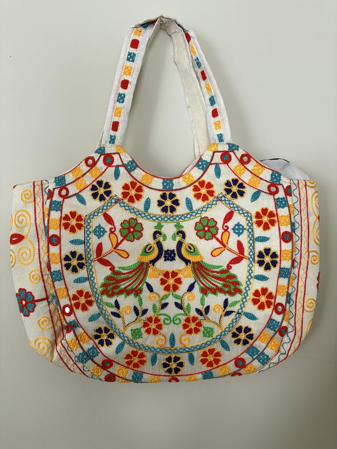 Embroidered Floral Tote Bag, White Reusable Grocery Bag with Colorful Flower Pattern