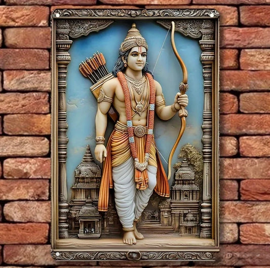 God Rama Aluminum Print| Vintage-Inspired Square Aluminum print| Hindu God Rama in Temple Theme
