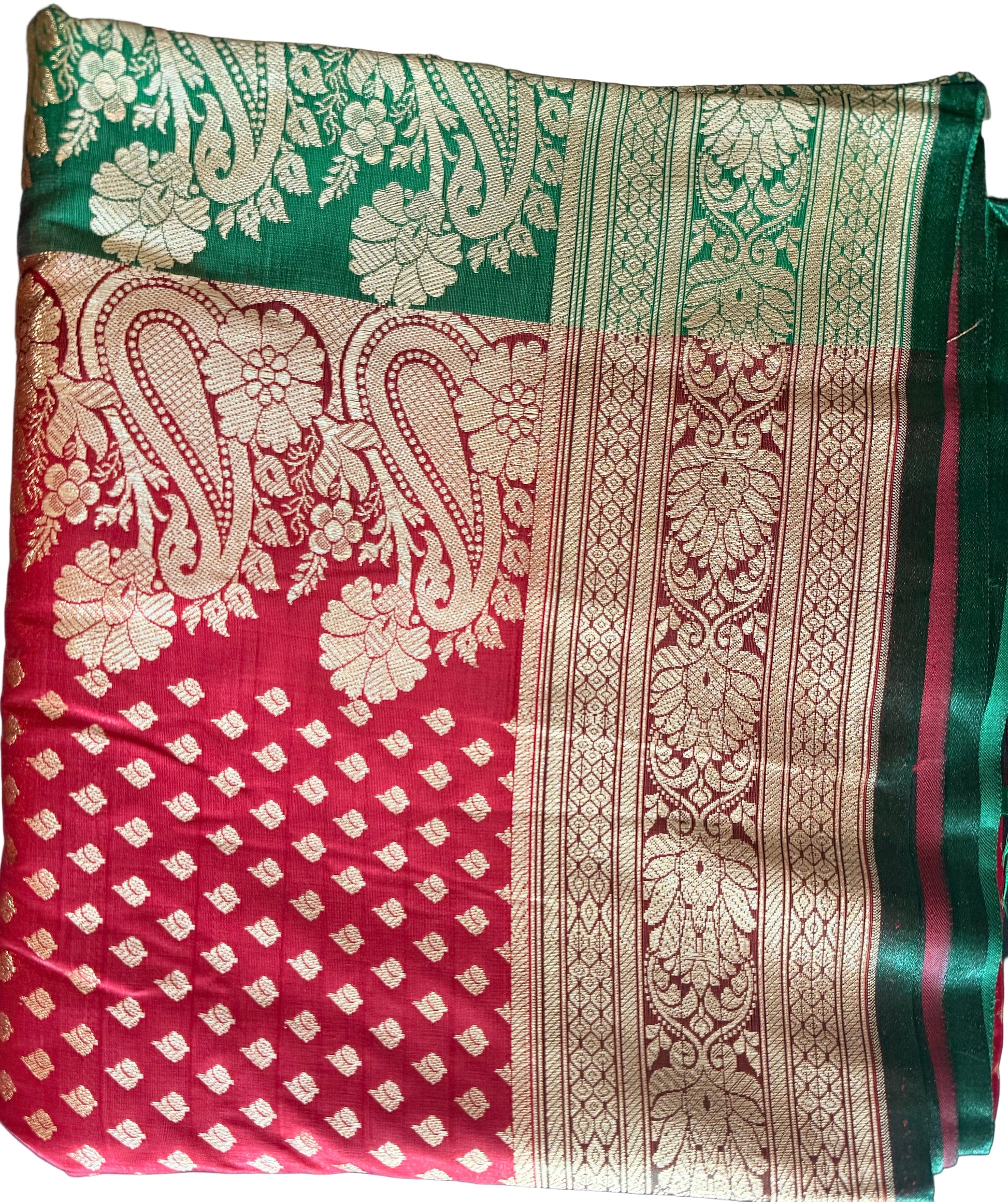 Saree with green and red patterned fabric