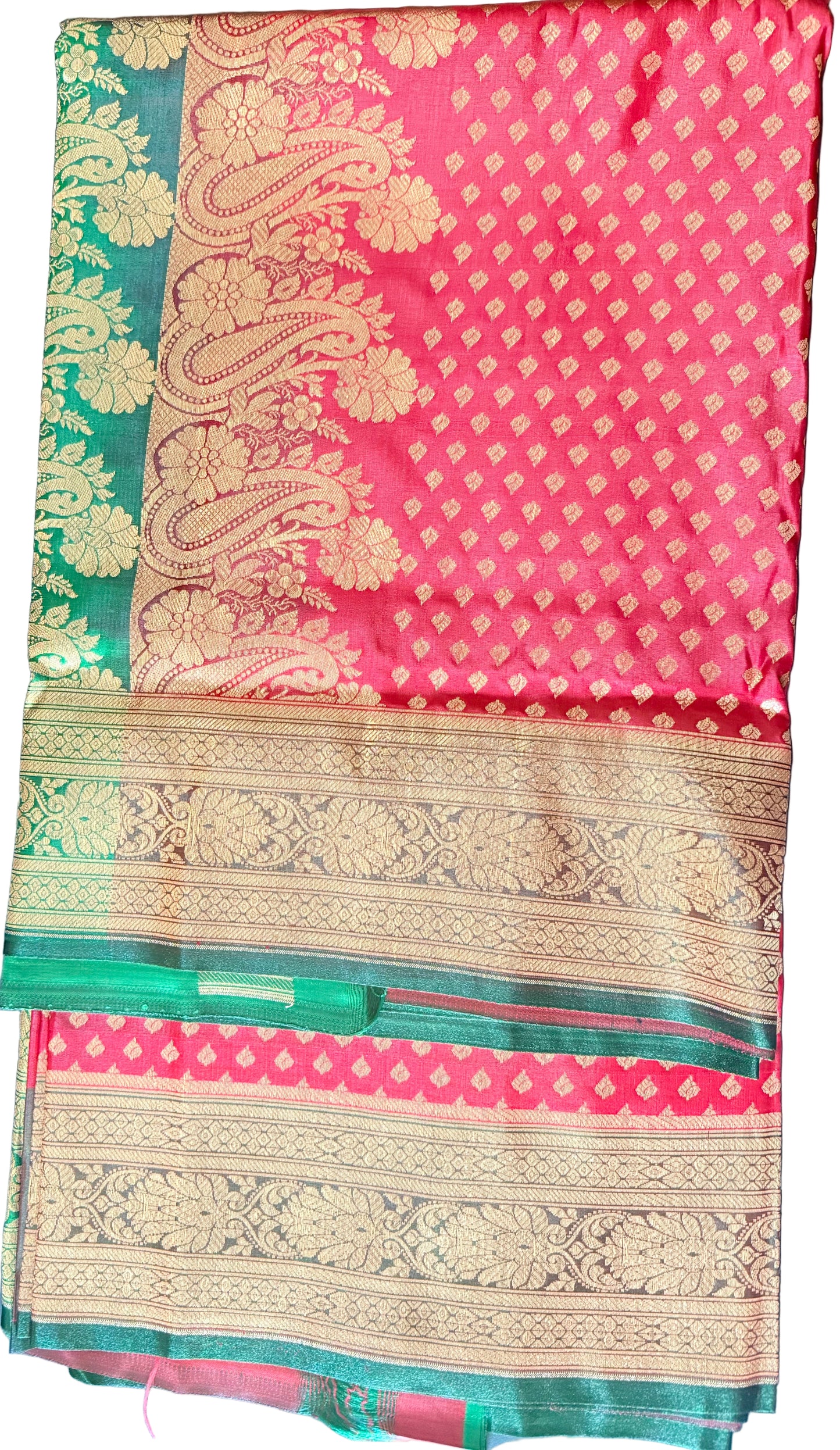 Saree with pink and green patterns on a red  background